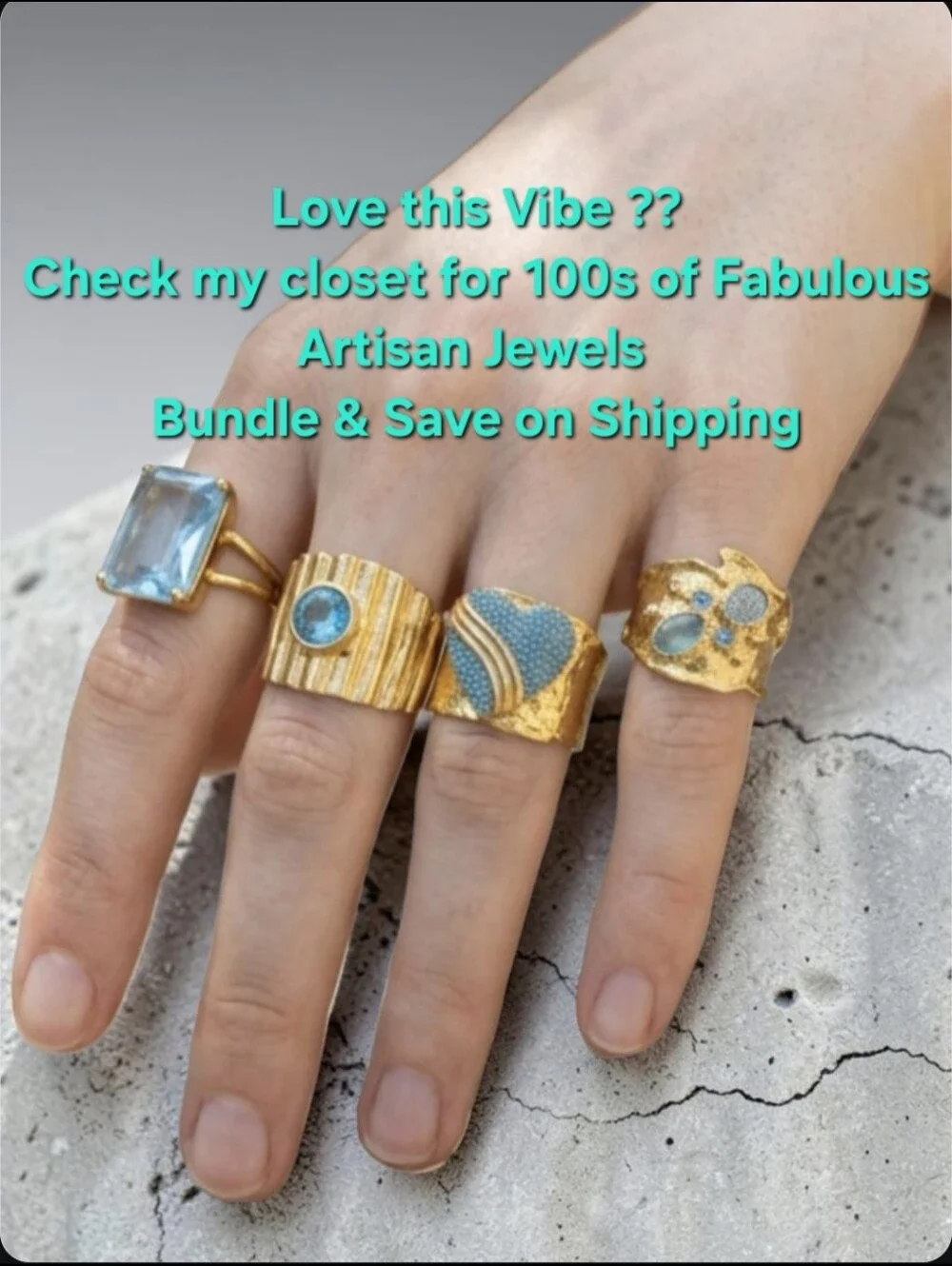 24k Gold Plated Artisan Wide Pleated Band Aquamarine Crystal Statememt Ring